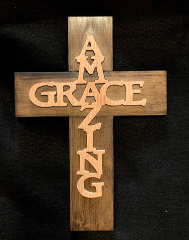 Wooden Cross - Handcrafted and Hand-Carved with "Amazing Grace"