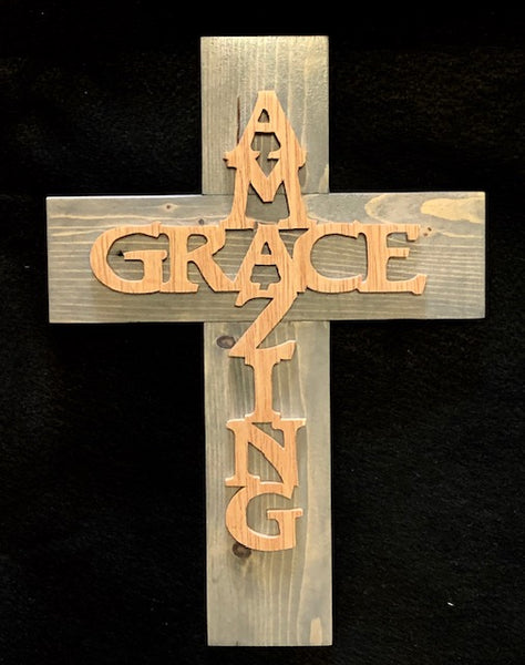 Wooden Cross - Handcrafted and Hand-Carved with "Amazing Grace"