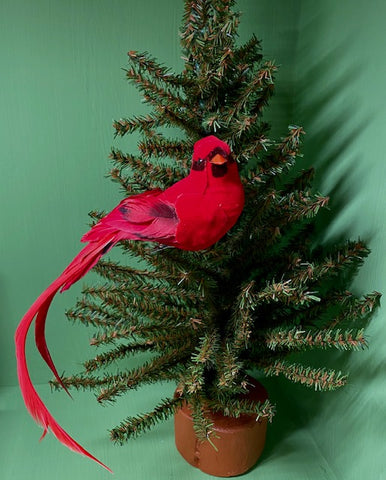 Birds - Red Cardinals - Flocked with Real Feathers - 4" - with Alligator Clips