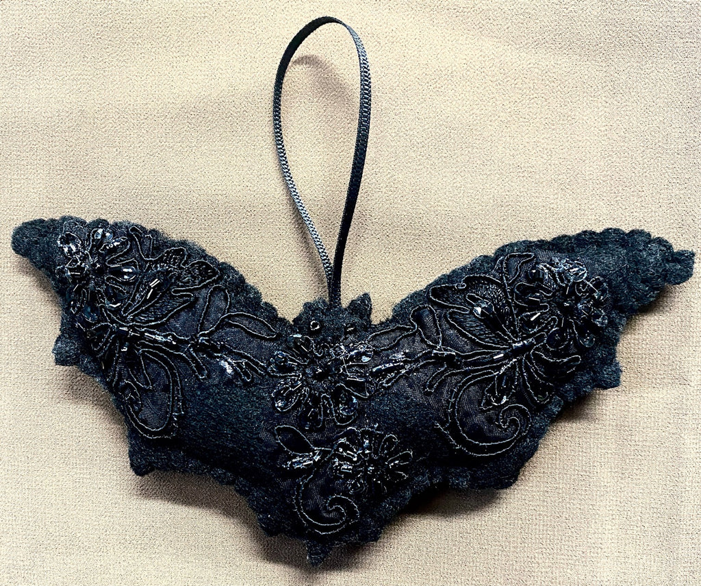 Ornament - Handcrafted Felt Black Bat Ornament with Lace & Pearls