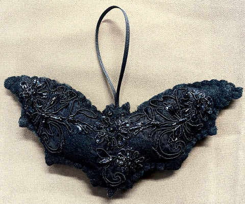 Ornament - Handcrafted Felt Black Bat Ornament with Lace & Pearls