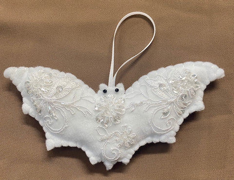 Ornament - Handcrafted Felt White Bat Ornament with Lace & Pearls