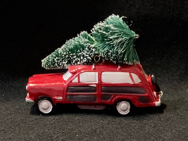 Ornament - Red Truck or Station Wagon with a Christmas Tree in the Back