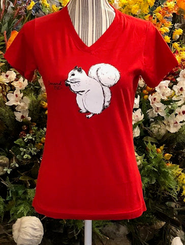 T-Shirt - Ladies - Cute White Squirrel Center - Short Sleeve V-Neck in Red