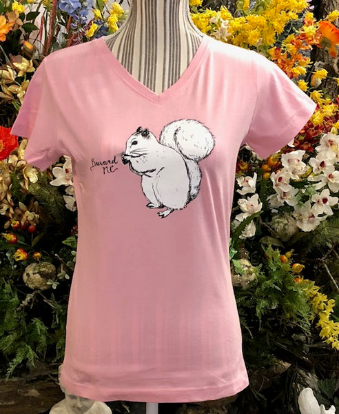 T-Shirt - For Women - Short Sleeve, V-Neck with White Squirrel in Front