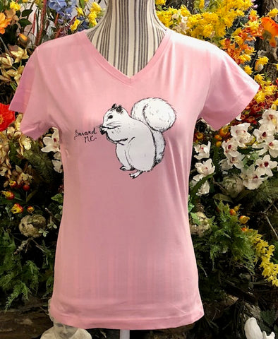 T-Shirt - Ladies - Cute White Squirrel Center - Short Sleeve V-Neck in Pink