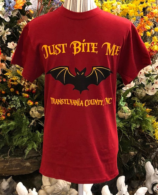 T-Shirt - For Adults - Short Sleeve - Crew Neck with words "Just Bite Me, Transylvania County"