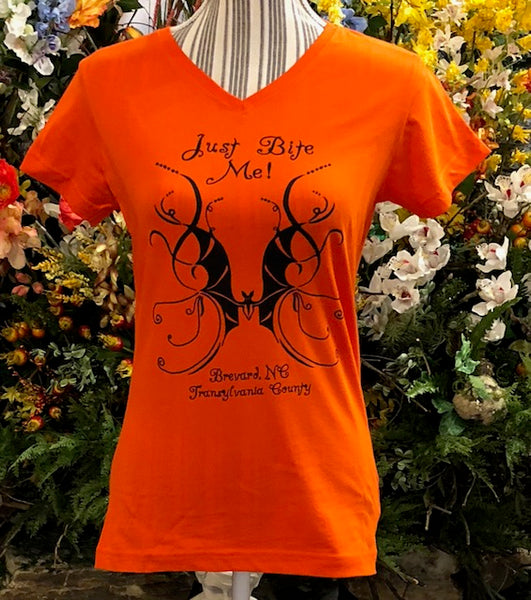 T-Shirt - For Women - Short Sleeve, V-Neck - "Just Bite Me" Bat of Transylvania County