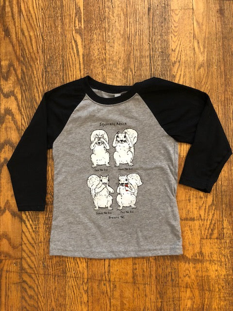 T-Shirt - For Youth - Baseball style shirt with raglan 3/4 sleeves - 4 white squirrels