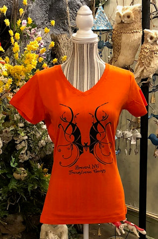T-Shirt - Ladies - Swirly Bat in Transylvania County - Short Sleeve V-Neck in Orange