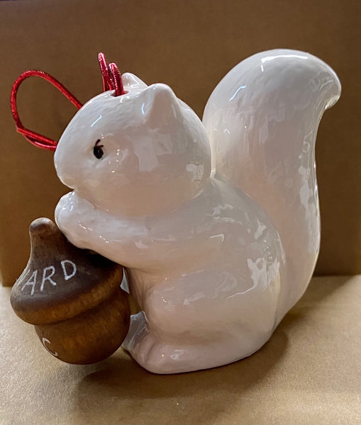 Ornament - Decorated White Squirrel Salt Ornament Holding an Acorn that says "Brevard, NC"