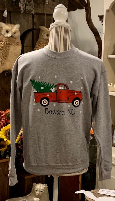 Christmas Sweatshirt - Youth - Red Truck & Tree in Heathered Gray
