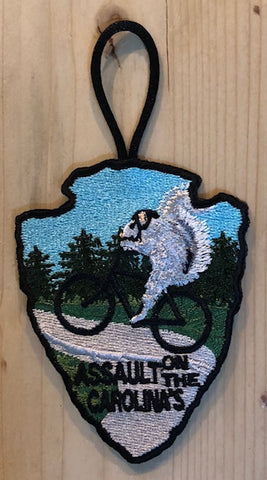 Ornament - "Assault on the Carolinas" - Embroidered - with our White Squirrel riding a bike