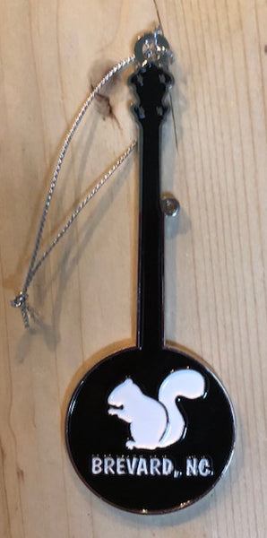 Ornament - Metal Banjo with White Squirrel & "Brevard, NC" on the back