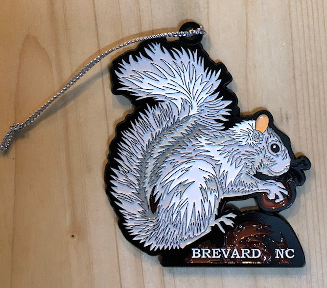 Ornament - White Metal Squirrel on a Log Holding an Acorn