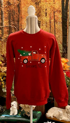Christmas Sweatshirt - For Adults - Unisex Antique Cherry Red with Red Truck Design