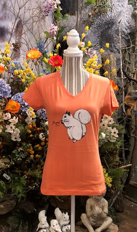 T-Shirt - Ladies - Cute White Squirrel Center - Short Sleeve V-Neck in Papaya
