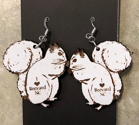 Jewelry - Laser-Cut Wooden White Squirrel Earrings imprinted with "I Love Brevard"