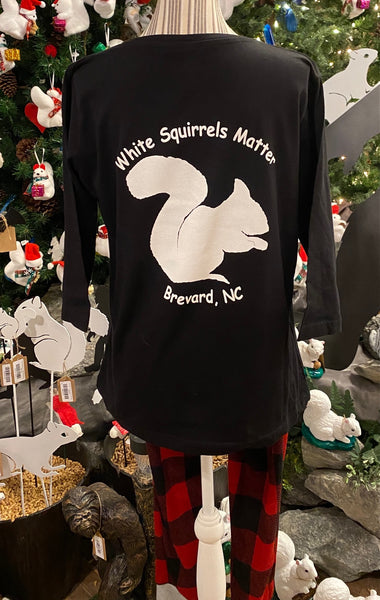 T-Shirt - For Adult Ladies - Soft 100% Ringspun Cotton 3/4 Sleeve V-Neck in Black - LAT Brand with "White Squirrels Matter and Brevard, NC" on left chest and back