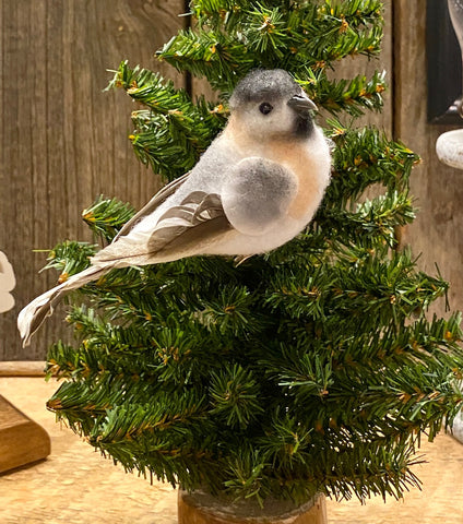 Birds - Chickadees - Cotton with Real Feathers - with Alligator Clip-On