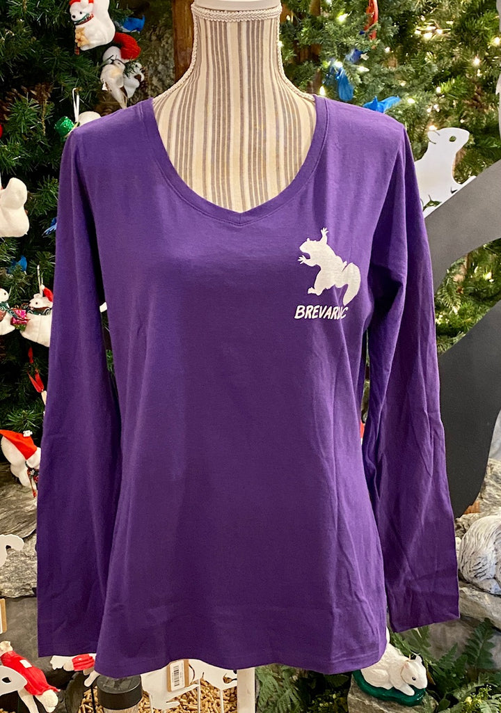T-Shirt - For Adult Women - Purple Long-Sleeve V-Neck with "I've Got Your Back and Your Birdseed"