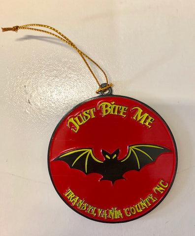 Ornament - Round Black Metal Bat with the wording "Just Bite Me, Transylvania County"