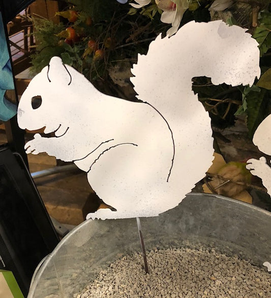 Metal Garden Art - White Squirrel Nibbling Garden Stake - 3.5" H x 4" W - Small