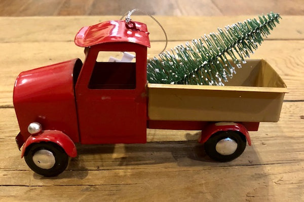 Ornament - Little Red Pick-Up Truck and Little Red Car with Xmas Tree