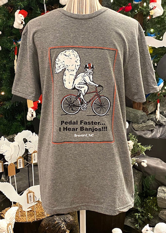 T- Shirts - For Adults - "Pedal Faster, I Hear Banjos" -  Short Sleeve Gildan Softstyle Crew Neck in Sport Grey