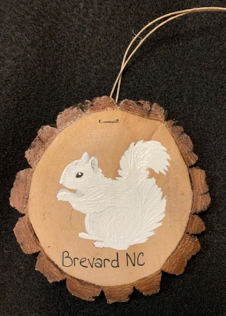 Ornament - Wood Slice with Bark - White Squirrel - Hand-Painted