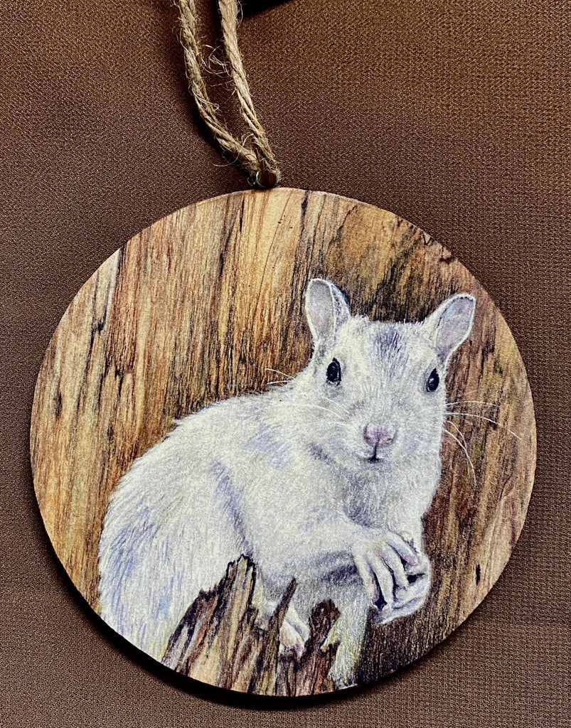 Ornament - Wooden Circle with White Squirrel Art Print by Artist, Lori Vogel