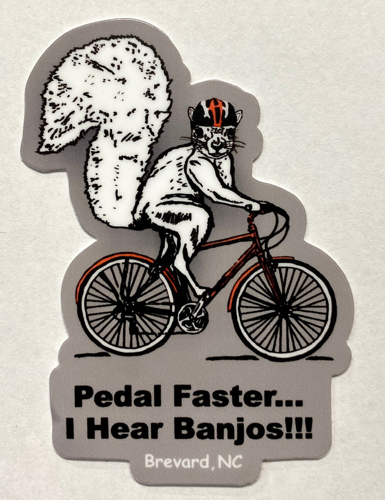 Decal - Waterproof Vinyl - White Squirrel on a Bike...."Pedal Faster....I Hear Banjos"