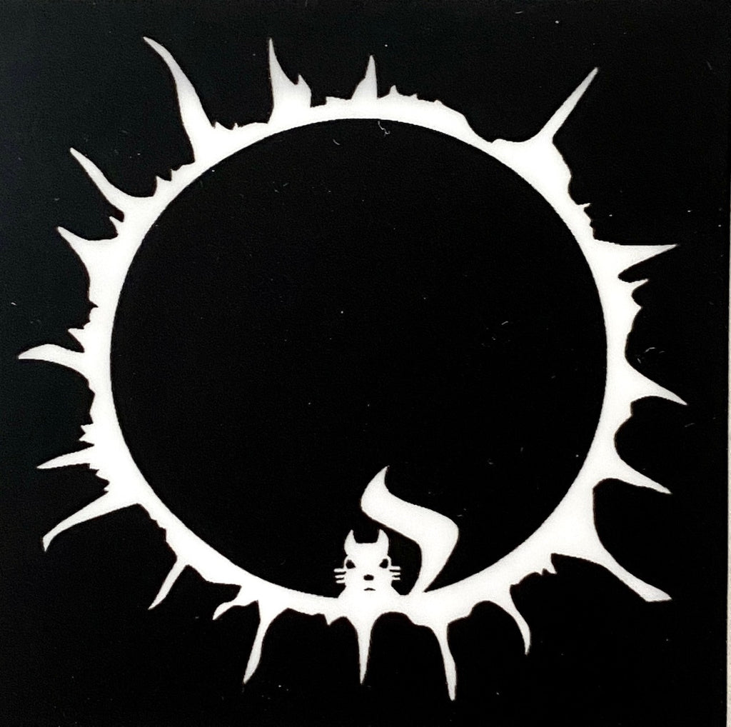 Decal - Squirrel in a Ring of Fire/Eclipse - 2" Square Vinyl Waterproof Decal - WHITE CIRCLE ON BLACK