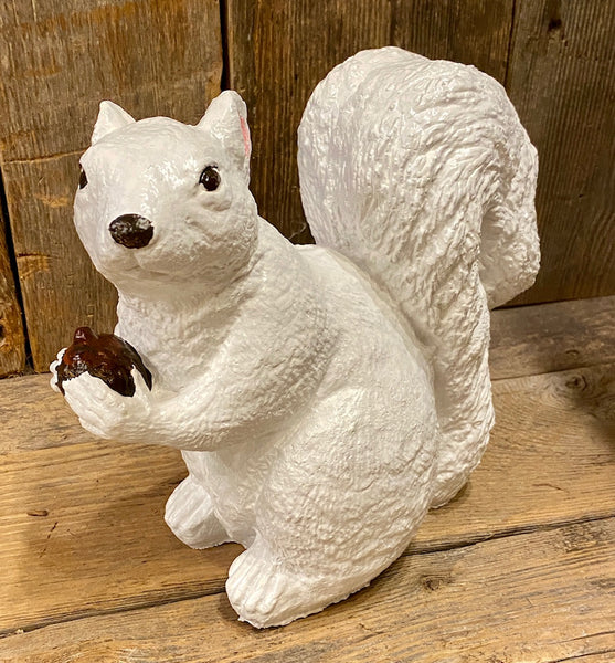 Concrete Garden Statuary - White Squirrel Holding a Nut