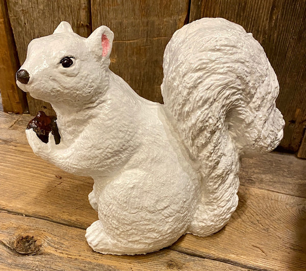 Concrete Garden Statuary - White Squirrel Holding a Nut