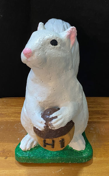 Concrete Garden Statuary - White Squirrel Holding an Acorn with the Word "HI"
