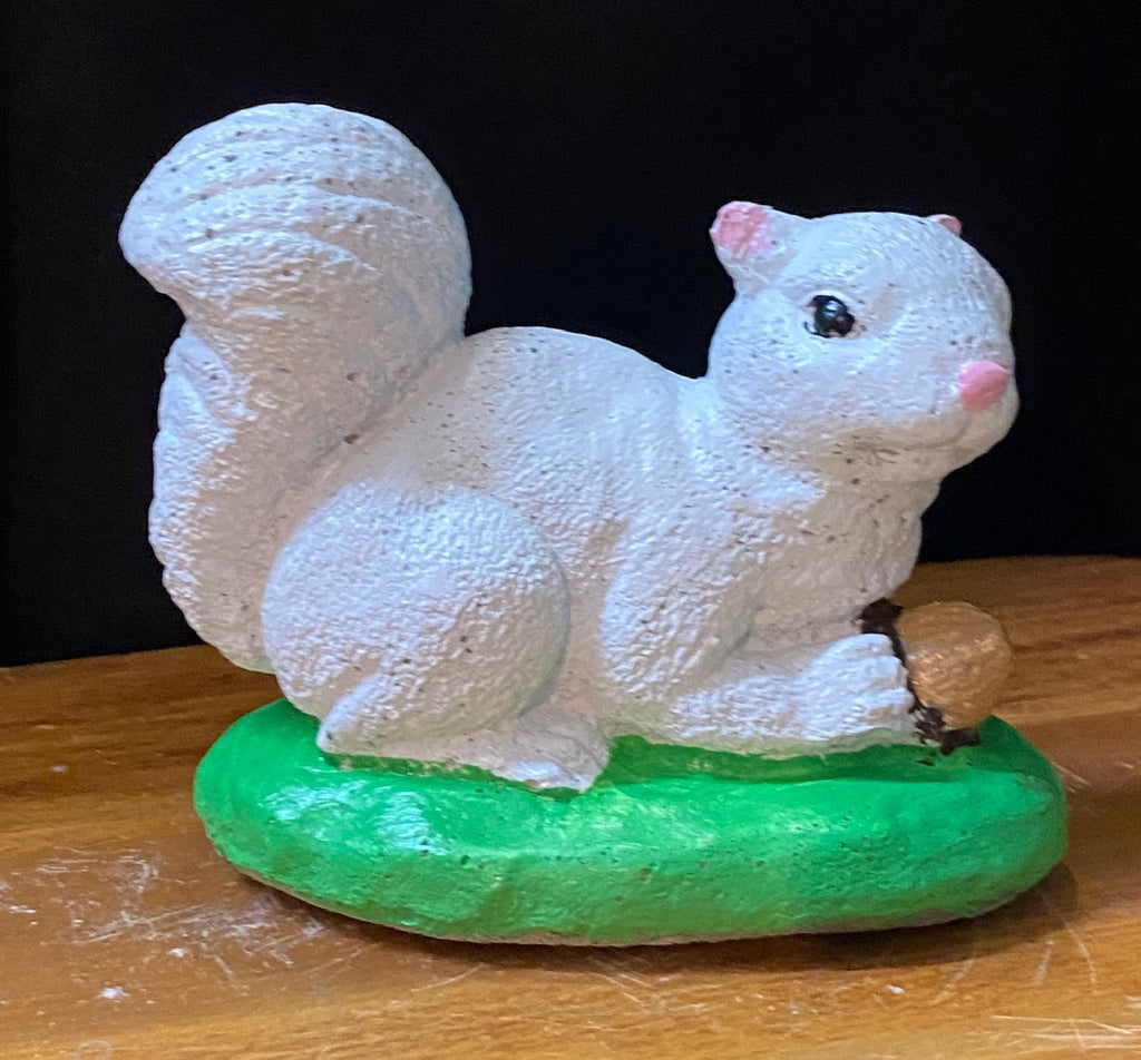 Concrete Garden Statuary - Crouching White Squirrel Holding an Acorn