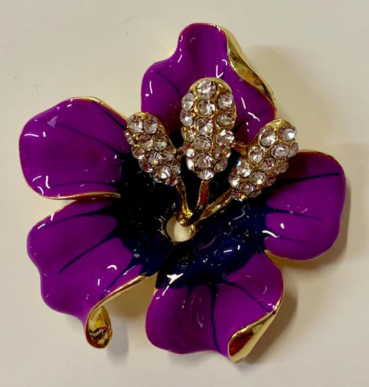 Jewelry - Brooch - Lapel Pin - Purple Lily with 3 Rhinestone Crystal Stamens for Jacket, Shirt and Hat