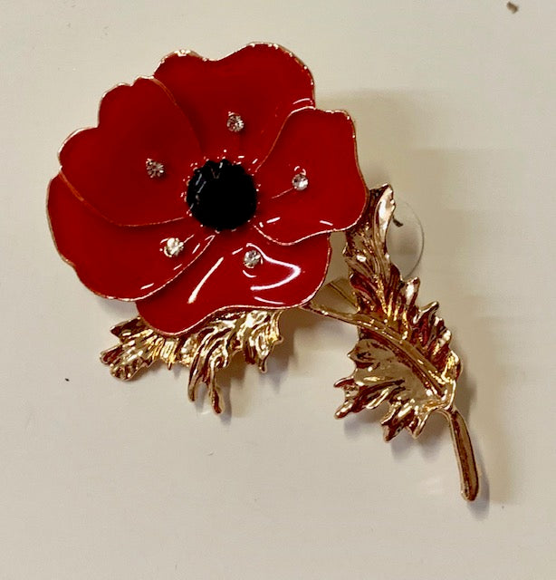 Jewelry - Red Enameled Poppy Brooch with 5 center crystals