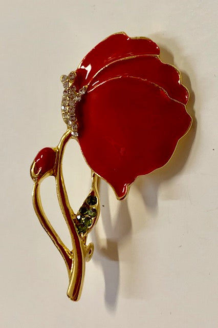 Jewelry - Red Poppy Side View with Clear & Green Crystals
