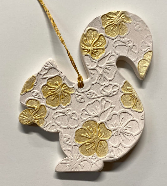 Ornament - Ceramic - White Squirrel with Gold Floral Design - Large