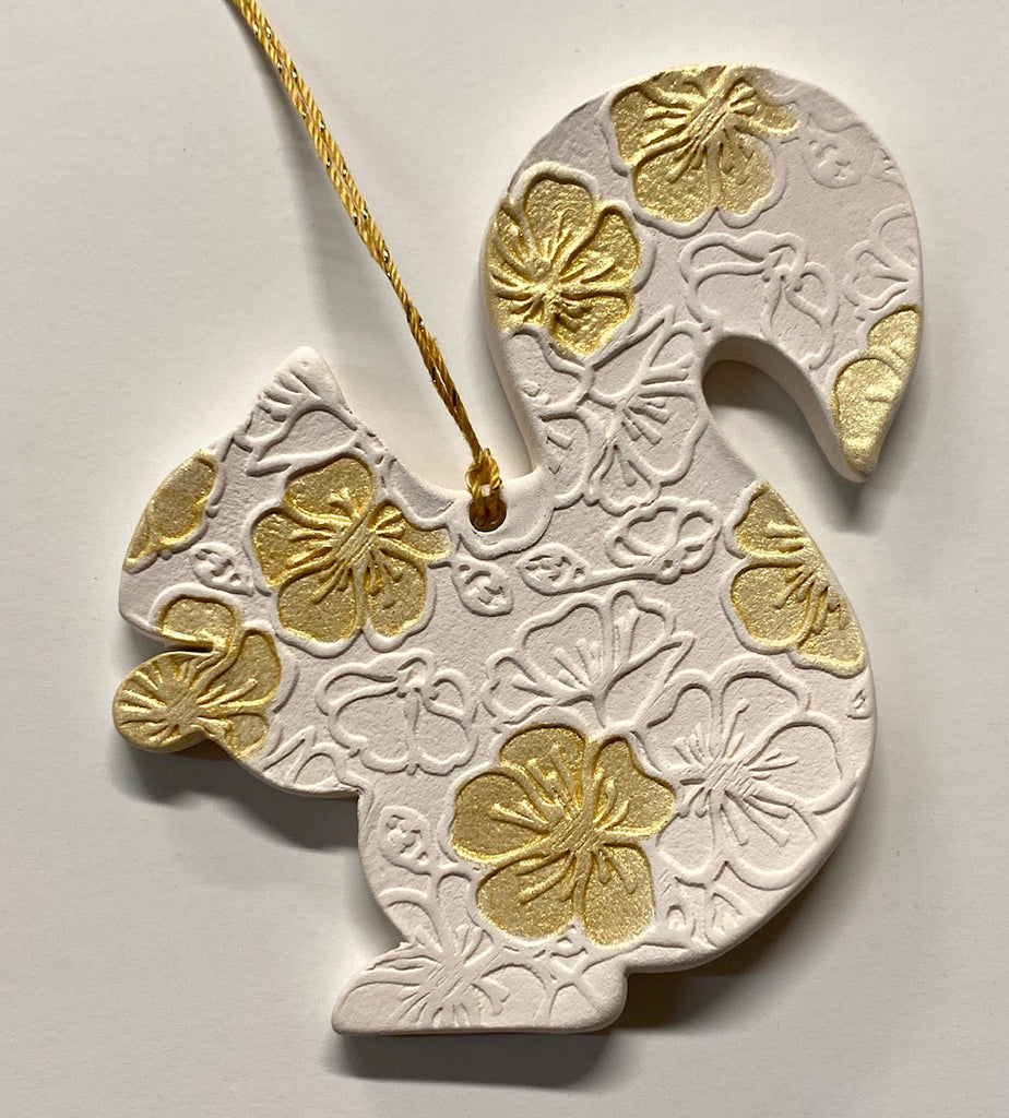 Ornament - White Squirrel Large Clay Ornament with Gold Floral Design