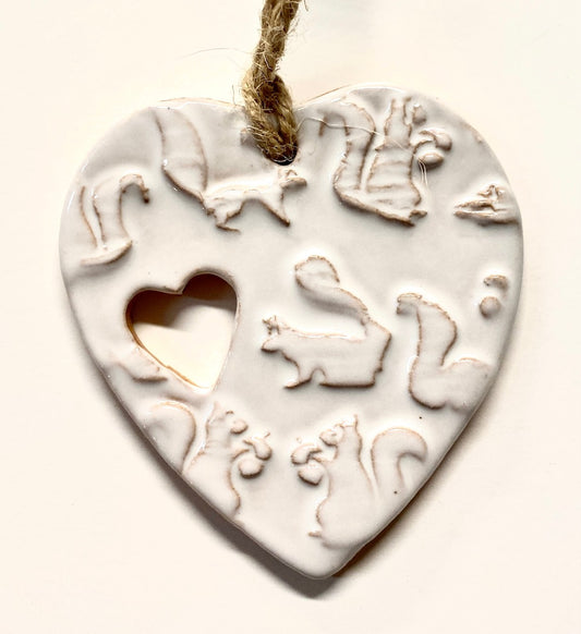 Ornament - Clay - Heart-Shaped with White Squirrels & Cut-Out Heart