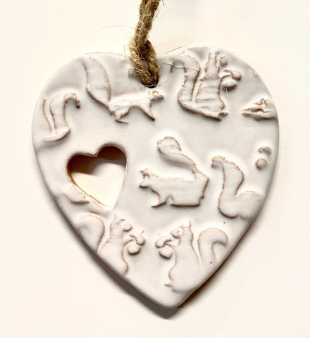 Ornament - White Squirrel Heart-Shaped Clay Ornament with Cut-Out Heart