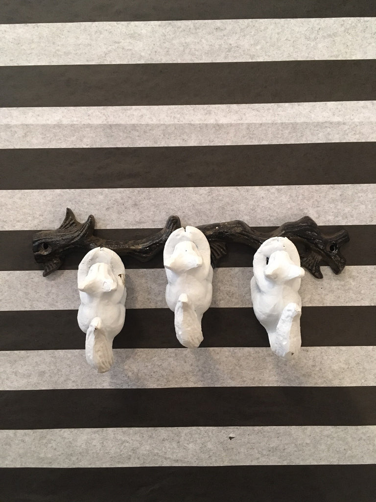 Cast Iron - Three White Squirrel Branch Hooks
