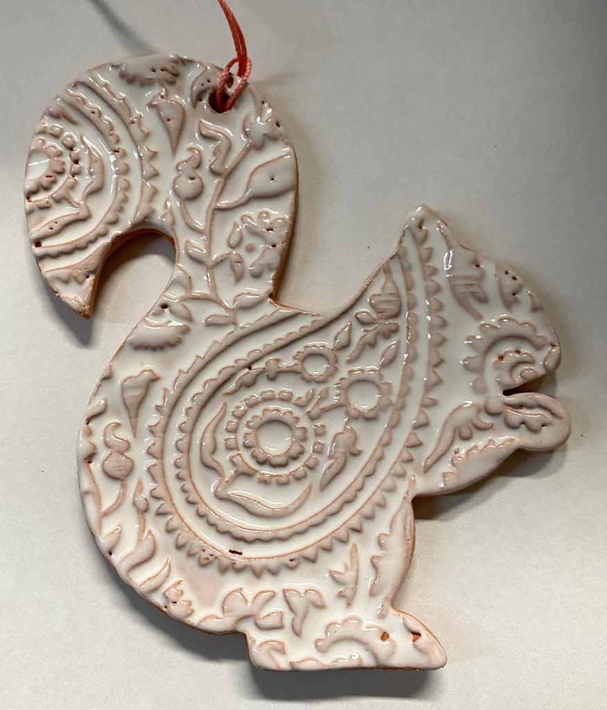 Ornament - White Squirrel Clay Ornament with  Paisley Design