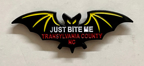 Hat/Lapel Pin - Black Bat with "Just Bite Me, Transylvania County, NC"