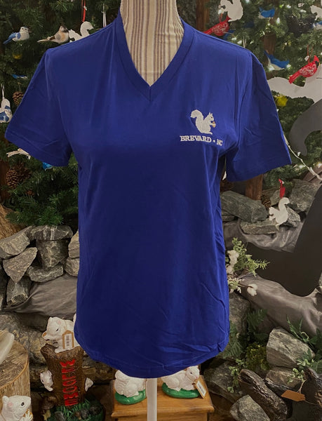 T-Shirt - For Adult Ladies - Super Soft Short Sleeve V-Neck 100% Cotton Tee with Embroidered White Squirrel Logo