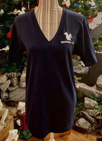 T-Shirt - For Adult Ladies - Super Soft Short Sleeve V-Neck 100% Cotton Tee with Embroidered White Squirrel Logo