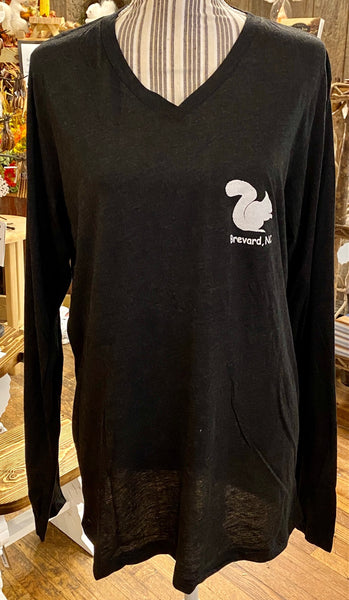 T-Shirt - For Adult Ladies - Soft Lightweight Long Sleeve V-Neck in charcoal black - "White Squirrels Matter"